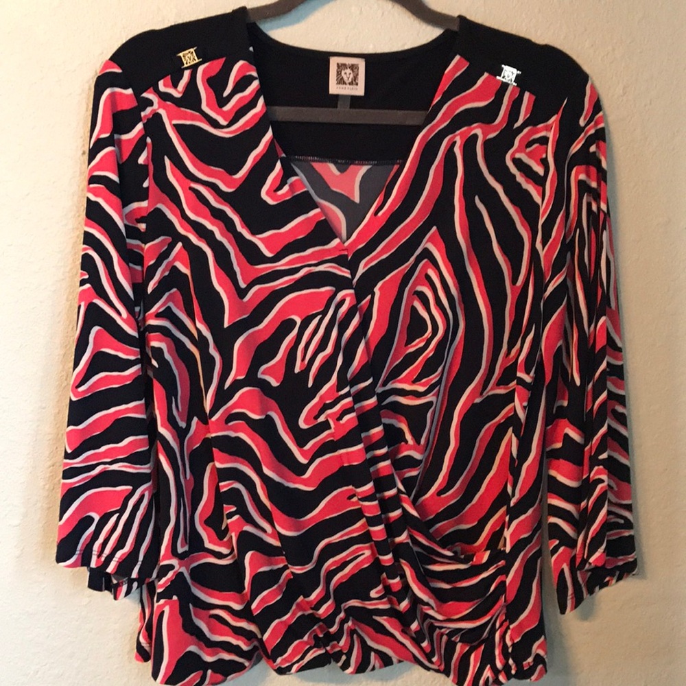 Anne Klein 3/4 sleeve faux wrap animal print top L